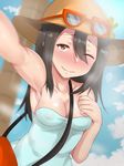  armpits bad_id bad_pixiv_id black_hair blush breasts covered_nipples hair_between_eyes highres long_hair one_eye_closed outstretched_arm pokemon pokemon_(game) pokemon_sm reaching_out self_shot sightseer_(pokemon) small_breasts smile solo sunglasses synchroaki 