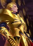  armor blonde_hair blurry depth_of_field ea_(fate/stay_night) earrings fate/stay_night fate/zero fate_(series) from_side full_armor gate_of_babylon gauntlets gilgamesh gold gold_armor hair_slicked_back highres holding holding_weapon jewelry looking_at_viewer male_focus night night_sky red9 red_eyes shiny shiny_hair sky solo weapon 