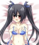  black_hair blue_bra blush bra breasts cleavage embarrassed hand_on_own_chest medium_breasts navel neptune_(series) noire open_mouth red_eyes sigemi solo twintails underwear 
