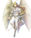  1boy belt blonde_hair boots circlet feathered_wings feathers fire_emblem fire_emblem:_akatsuki_no_megami fire_emblem:_souen_no_kiseki fire_emblem_heroes green_eyes highres long_hair male_focus nintendo official_art pointy_ears reyson solo transparent_background wings yura_(ub4u) 