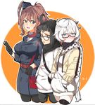  ahoge alternate_costume asymmetrical_hair black_coat black_gloves black_hair black_legwear blue_eyes blush breast_pocket breasts brown_hair casual commentary_request embarrassed female_admiral_(kantai_collection) glasses gloves hair_between_eyes height_difference kantai_collection large_breasts looking_at_another mitsukoshi_(department_store) multiple_girls neckerchief open_mouth pantyhose pocket ponytail red_eyes red_neckwear remodel_(kantai_collection) saratoga_(kantai_collection) semi-rimless_eyewear shinkaisei-kan side_ponytail supply_depot_hime thighhighs white_hair wulazula 