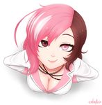  artist_name breasts brown_eyes cleavage cslucaris downblouse from_above hands_on_hips heterochromia jewelry looking_at_viewer looking_up medium_breasts necklace neo_(rwby) pink_eyes raised_eyebrow rwby simple_background smile smirk solo white_background 