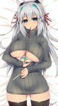  android artist_name ass_visible_through_thighs bangs bed_sheet black_legwear blue_eyes blush breasts commentary dangan_neko dated eyebrows eyebrows_visible_through_hair food food_between_breasts food_in_mouth grey_hair hair_between_eyes hair_ribbon headgear highres large_breasts long_hair looking_at_viewer lying on_back original pocky pocky_day red_ribbon ribbed_sweater ribbon russia_(dangan_neko) shirt_pull solo sweater symbol-shaped_pupils thighhighs thighs turtleneck underboob underboob_cutout 