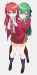  bad_id bad_pixiv_id behind_another black_legwear blazer blue_eyes brown_skirt f6 finger_to_mouth genderswap genderswap_(mtf) green_eyes green_hair grey_background heiwa_(murasiho) highres index_finger_raised jacket kneehighs long_hair matsuno_choromatsu matsuno_osomatsu multiple_girls necktie osomatsu-kun osomatsu-san pantyhose pleated_skirt red_hair siblings simple_background sisters skirt striped striped_neckwear 