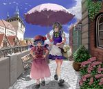  apron ascot basket bat_wings bench bird blue_hair blue_sky bobby_socks bottle braid brooch city cloud cobblestone day flower full_body hands_on_hips hat hat_ribbon holding holding_umbrella izayoi_sakuya jewelry loafers looking_at_another looking_at_viewer looking_down maid_headdress mob_cap multiple_girls outdoors parasol pink_flower pink_rose plant potted_plant puffy_short_sleeves puffy_sleeves railing remilia_scarlet ribbon rose sash shadow shared_umbrella shoes short_hair short_sleeves sign silver_hair skirt skirt_set sky smile socks tandori_tsubasa touhou twin_braids umbrella waist_apron walking wine_bottle wings wrist_cuffs yellow_eyes 