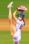  ass ball baseball baseball_cap baseball_mitt baseball_uniform blue_eyes breasts brown_hair clothes_writing cowboy_shot doosan_bears eyelashes from_side hat highres holding holding_ball korean leg_up lipstick long_hair looking_at_viewer makeup nose original parted_lips pink_lips pink_lipstick ponytail pose ray_tang shirt shoes short_shorts short_sleeves shorts signature small_breasts solo split sportswear standing standing_on_one_leg standing_split teeth thighs white_footwear white_shirt white_shorts 