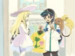  1girl alolan_form alolan_raichu bag baseball_cap black_hair blonde_hair braid dress duffel_bag green_eyes hat kutta lillie_(pokemon) long_hair pokemon pokemon_(creature) pokemon_(game) pokemon_sm see-through shirt short_hair sleeveless sleeveless_dress sun_hat twin_braids white_dress white_hat you_(pokemon) 