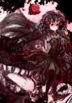  absurdly_long_hair armband assi black_dress black_hair bodysuit commentary_request corset dress faux_traditional_media isolated_island_oni kantai_collection long_hair looking_at_viewer red_eyes rigging shinkaisei-kan solo teeth tongue turret veil very_long_hair 