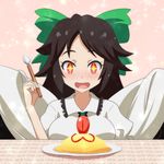  1girl :d blush bow breasts brown_hair cape cato_(monocatienus) commentary_request eyebrows food hair_bow hair_ribbon happy large_bow long_hair medium_breasts omurice open_mouth plate red_eyes reiuji_utsuho ribbon smile solo sparkle spoon table third_eye touhou wings 