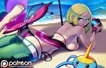  ass barefoot bikini blonde_hair breasts butt_crack camera gen_3_pokemon gen_6_pokemon green_eyes green_pants gym_leader ian_chase large_breasts looking_back lying nail_polish ocean on_stomach pants patreon_logo patreon_username pink_wings pokemon pokemon_(creature) pokemon_(game) pokemon_xy raised_eyebrow shade short_hair side-tie_bikini sideboob single-lens_reflex_camera solo surskit swimsuit thick_eyebrows toenail_polish viola_(pokemon) vivillon watermark wings wrist_cuffs 