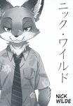  2016 anthro black_and_white canine clothed clothing comic disney english_text fox half-closed_eyes hi_res inner_ear_fluff inumimi_moeta japanese_text looking_at_viewer male mammal manga monochrome neck_tuft necktie nick_wilde simple_background solo text tuft white_background zootopia 