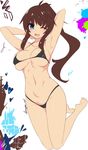  :3 armpits arms_behind_head arms_up artist_name bangs bikini black_bikini blue_eyes breasts brown_hair commentary dangan_neko eyebrows eyebrows_visible_through_hair highres hips jumping large_breasts legs_together long_hair looking_at_viewer micro_bikini navel one_eye_closed open_mouth original ponytail simple_background smile soles solo somali_(dangan_neko) stomach swimsuit teeth thighs white_background 