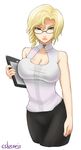  bare_arms blonde_hair breasts cleavage collarbone cowboy_shot cropped_legs cslucaris drill_hair glasses glynda_goodwitch green_eyes large_breasts rwby short_hair simple_background solo tablet white_background 