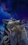  2014 black_lips black_nose blonde_hair canine detailed_background dog duo eyes_closed feral fur grey_fur hair hauringu mammal night nude sky smile star starry_sky whiskers white_fur 