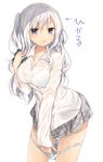  bangs blue_eyes bow bow_panties bowtie bowtie_removed bra breasts buttons character_name collarbone collared_shirt cowboy_shot dress_shirt eyebrows eyebrows_visible_through_hair grey_skirt hair_between_eyes highres hikaru_(komeshiro_kasu) komeshiro_kasu large_breasts long_hair long_sleeves looking_at_viewer original panties panty_pull pleated_skirt see-through shirt silver_hair simple_background skirt solo thighs translated triangle_mouth two_side_up underwear wet wet_clothes wet_shirt white_background white_bra white_shirt 