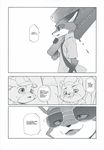  2016 anthro black_and_white canine clothed clothing comic dialogue disney english_text eyewear food fox group hard_translated hi_res inumimi_moeta male mammal manga monochrome nick_wilde popsicle sunglasses text zootopia 