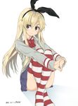  &gt;:) alternate_costume blonde_hair blush bow bowtie brown_eyes commentary_request crossed_ankles dated hairband kantai_collection long_hair looking_at_viewer mokyutan no_shoes pleated_skirt red_bow red_neckwear shimakaze_(kantai_collection) simple_background sitting skirt smile solo striped striped_legwear sweater v-shaped_eyebrows white_background 