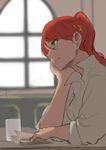  arm_support book chin_rest collared_shirt cup ear from_side glasses green_eyes hair_behind_ear hair_ornament highres open_book ponytail popped_collar pyrrha_nikos red_hair rwby shirt sketch sleeves_rolled_up solo tobihira window x_hair_ornament 