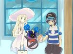  1girl bag baseball_cap black_hair blonde_hair braid cosmog dress duffel_bag gen_7_pokemon green_eyes hand_in_pocket hat kutta lillie_(pokemon) long_hair pokemon pokemon_(creature) pokemon_(game) pokemon_sm shopping_bag short_hair sleeveless sleeveless_dress sun_hat twin_braids white_dress white_hat you_(pokemon) 