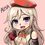  alisa_ilinichina_amiella bare_shoulders blue_eyes blush elbow_gloves fingerless_gloves gloves god_eater god_eater_2:_rage_burst hat long_hair looking_at_viewer open_mouth silver_hair smile solo watanuki_kaname 