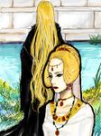  1boy 1girl artist_request blonde_hair grass green_eyes long_hair queen_nakia red_river urhi_shalma water 