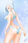  alfred_cullado arched_back artist_name ass blue_background breasts dimples_of_venus from_behind highres large_breasts looking_at_viewer looking_back one-piece_swimsuit rwby short_hair sideboob signature snowflake_background solo swimsuit thighs winter_schnee 