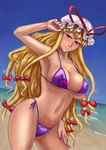  6fu_(11madhouse) alternate_costume arm_up bad_anatomy beach bikini blonde_hair blue_sky blush bow breasts cleavage closed_mouth day fingernails frilled_hat frills hair_bow hair_ornament hair_ribbon hat horizon large_breasts long_fingernails long_hair looking_at_viewer mob_cap multi-tied_hair nail_polish navel ocean pink_lips purple_bikini purple_eyes purple_nails red_bow ribbon sky smile solo stomach summer sweat swimsuit touhou underboob very_long_hair water yakumo_yukari yin_yang 