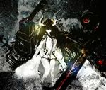  abstract_background anchorage_water_oni assi black_hair cannon commentary_request faux_traditional_media kantai_collection legs long_hair long_horns looking_at_viewer mechanical_parts red_eyes rigging robe shinkaisei-kan solo texture very_long_hair 