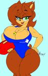  2016 akatsukishiranui-fox anthro big_breasts big_thighs breasts cleavage clothed clothing fan_character female green_eyes hi_res huge_breasts hyper hyper_thighs lifeguard mobian_(species) rescue_buoy smile solo sonic_(series) swimsuit thick_thighs voluptuous wide_hips 
