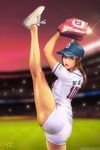  ass ball baseball baseball_cap baseball_mitt baseball_uniform blue_eyes breasts brown_hair clothes_writing cowboy_shot doosan_bears eyelashes from_side hat highres holding holding_ball korean leg_up lipstick long_hair looking_at_viewer makeup nose original parted_lips pink_lips pink_lipstick ponytail pose ray_tang shirt shoes short_shorts short_sleeves shorts signature small_breasts solo split sportswear standing standing_on_one_leg standing_split teeth thighs white_footwear white_shirt white_shorts 