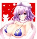  adapted_costume bare_shoulders bikini_top blue_bikini_top breasts cirno cleavage collarbone commentary_request front-tie_top hat huge_breasts lavender_eyes lavender_hair letty_whiterock looking_at_viewer osashin_(osada) outside_border scarf short_hair silhouette smile snowman solo string_bikini touhou upper_body 