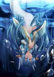  bangs blue_hair bubble closed_eyes commentary crying fate/grand_order fate_(series) hair_between_eyes hands_on_own_chest haribote japanese_clothes kimono kiyohime_(fate/grand_order) lamia long_hair monster_girl own_hands_together pelvic_curtain solo submerged tears underwater upside-down water_surface 