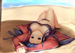  bangs beach bikini black_bikini blue_eyes blue_hair blush breasts commentary fate/grand_order fate_(series) forehead frilled_bikini frills haribote jacket large_breasts light_smile long_hair looking_at_viewer lying navel ocean on_back saint_martha saint_martha_(swimsuit_ruler)_(fate) shade smile solo stomach swimsuit thighs track_jacket upside-down 