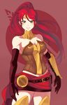  21as armor belt blush breastplate breasts cleavage green_eyes large_breasts long_hair ponytail pyrrha_nikos red_background red_hair rwby solo 