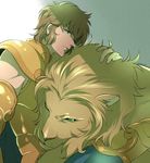  animal armor brown_hair dated gold_armor gold_saint green_eyes jpeg_artifacts leo_aiolia lion looking_at_viewer male_focus one_eye_closed saint_seiya shade signature simple_background sitting upper_body wand3754 