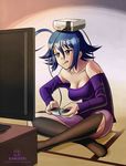  :q ahoge artist_name bare_shoulders black_legwear blue_hair blush breasts brown_eyes cleavage closed_mouth controller famicom famicom_gamepad frown full_body game_console game_controller gamepad hair_between_eyes highres holding huge_ahoge indian_style kami_mitsugu_(kamiken) long_sleeves medium_breasts nes off-shoulder_shirt on_head original playing_games purple_shirt purple_skirt shirt sitting skirt solo tatami television thighhighs tongue tongue_out watermark web_address 