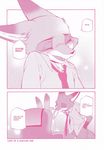  2016 canine comic dialogue disney english_text female fox inumimi_moeta judy_hopps lagomorph male mammal monochrome nick_wilde pink_and_white rabbit text zootopia 