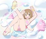  bikini blush brown_eyes brown_hair clenched_hands hanami_yuzuka kosyooka magical_girl mahou_shoujo_nante_mou_ii_desukara. open_mouth pink_bikini sandals short_hair solo sweatdrop swimsuit water 