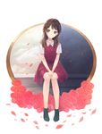  black_footwear boots brown_eyes brown_hair dress flower head_tilt highres kobuta long_hair looking_at_viewer original petals red_dress red_flower simple_background sitting solo white_background 