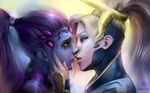  adapted_costume blonde_hair blue_eyes eye_contact highres imminent_kiss linblack looking_at_another mechanical_halo mercy_(overwatch) multiple_girls overwatch purple_skin runny_makeup tears widowmaker_(overwatch) yellow_eyes yuri 