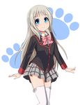  1girl blue_eyes child closed_mouth cowboy_shot female little_busters! long_hair long_sleeves looking_at_viewer noumi_kudryavka pleated_skirt silver_hair skirt smile solo standing thighhighs wafurabu_(waflove) white_legwear 