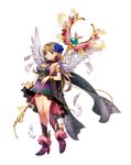  aqua_eyes armlet boots bracelet brown_hair dress feathers flower full_body hair_flower hair_ornament high_heels highres holding holding_staff jewelry long_hair official_art olivier_(royal_flush_heroes) royal_flash_heroes solo staff transparent_background wings 