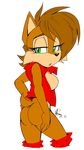  akatsukishiranui-fox anthro blue_eyes bottomless breasts brown_fur butt chipmunk clothed clothing featureless_breasts female fur hi_res looking_back mammal rodent sally_acorn solo sonic_(series) 