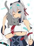  android animal artist_name bangs blue_eyes blue_shirt blush breasts cat cat_on_person cat_paws cat_teaser cattail character_name cleavage collared_shirt commentary dangan_neko detached_sleeves eyebrows eyebrows_visible_through_hair grey_hair hair_between_eyes hand_up headgear highres large_breasts long_hair necktie one_eye_closed original paw_print paws plant red_neckwear red_ribbon ribbon russia_(dangan_neko) shirt simple_background smile solo symbol-shaped_pupils underboob upper_body white_background 