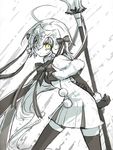  bell black_gloves elbow_gloves fate/grand_order fate_(series) gloves hair_ribbon headpiece helmet jeanne_d'arc_(fate)_(all) jeanne_d'arc_alter_santa_lily long_hair looking_at_viewer monochrome ribbon solo yellow_eyes yukot 