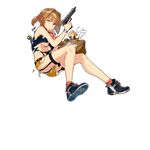  breasts brown_hair eyewear_removed full_body girls_frontline glasses grizzly_mkv grizzly_mkv_(girls_frontline) gun handgun holding holding_eyewear holding_gun holding_weapon medium_breasts official_art one_eye_closed pistol shoes sneakers solo torn_clothes transparent_background trigger_discipline underboob watch weapon wristwatch 