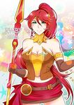  armband bare_shoulders blush breasts character_name cleavage copyright_name elbow_gloves gloves green_eyes groin kirej large_breasts lens_flare long_hair midriff navel polearm ponytail pyrrha_nikos red_hair rwby smile solo spear watermark weapon web_address 