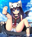  1girl :o anklet bangs bare_shoulders barefoot black_hair blue_eyes blush child cloud collarbone day emil_chronicle_online feet female hat highres hiruma_(hirumamiyu) innertube jewelry long_hair looking_at_viewer nidoegg_alma open_mouth outdoors sailor_collar school_swimsuit sitting sky soles solo sparkle splashing swimsuit swimsuit_under_clothes tie toes water wet white_school_swimsuit white_swimsuit 