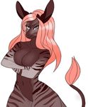  breasts censored female hair horn invalid_tag long_hair luntari mammal nude okapi pink_hair small_breasts solo stripes wide_hips 