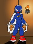  2016 anthro ball_gag bdsm black_fur bodysuit bondage bound clothed clothing fire footwear fur gag gimp_suit gloves how-did-we-get-here klonoa klonoa_(series) lagomorph looking_at_viewer male mammal orange_eyes rabbit rubber shoes skinsuit solo solo_focus tight_clothing torch white_fur 